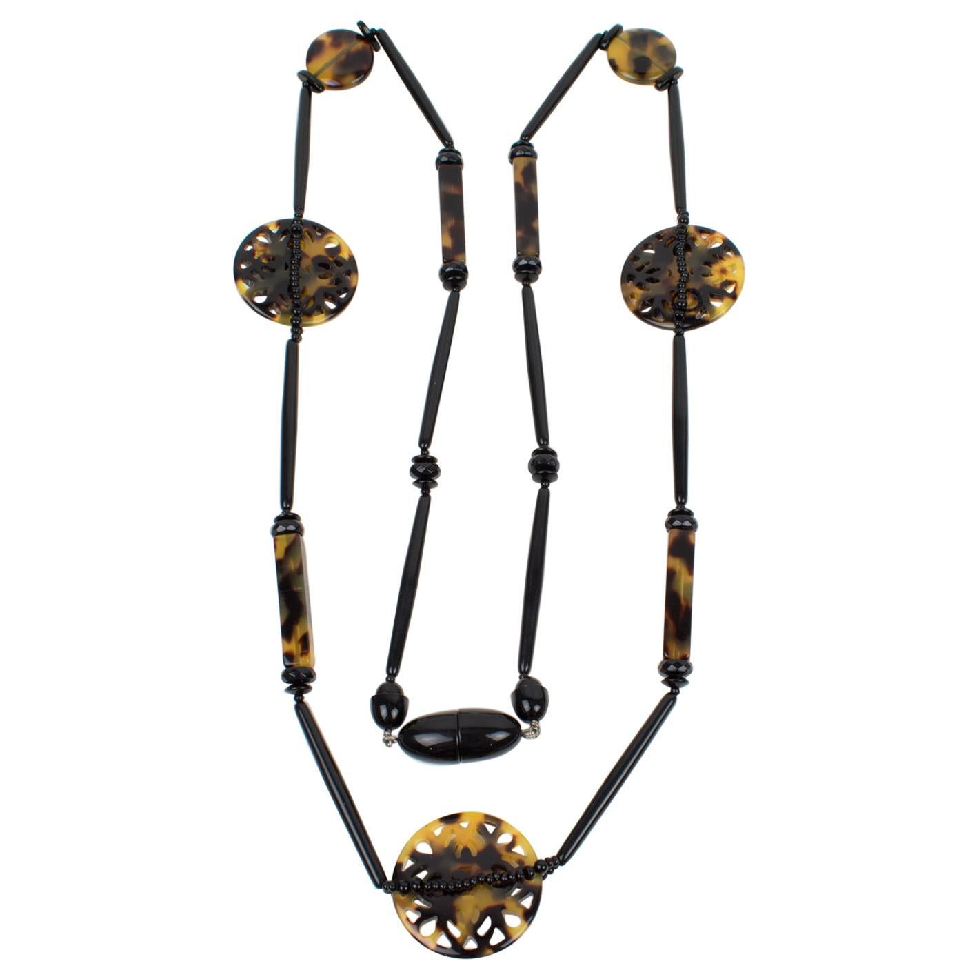Angela Caputi Tortoiseshell and Black Resin Long Necklace For Sale