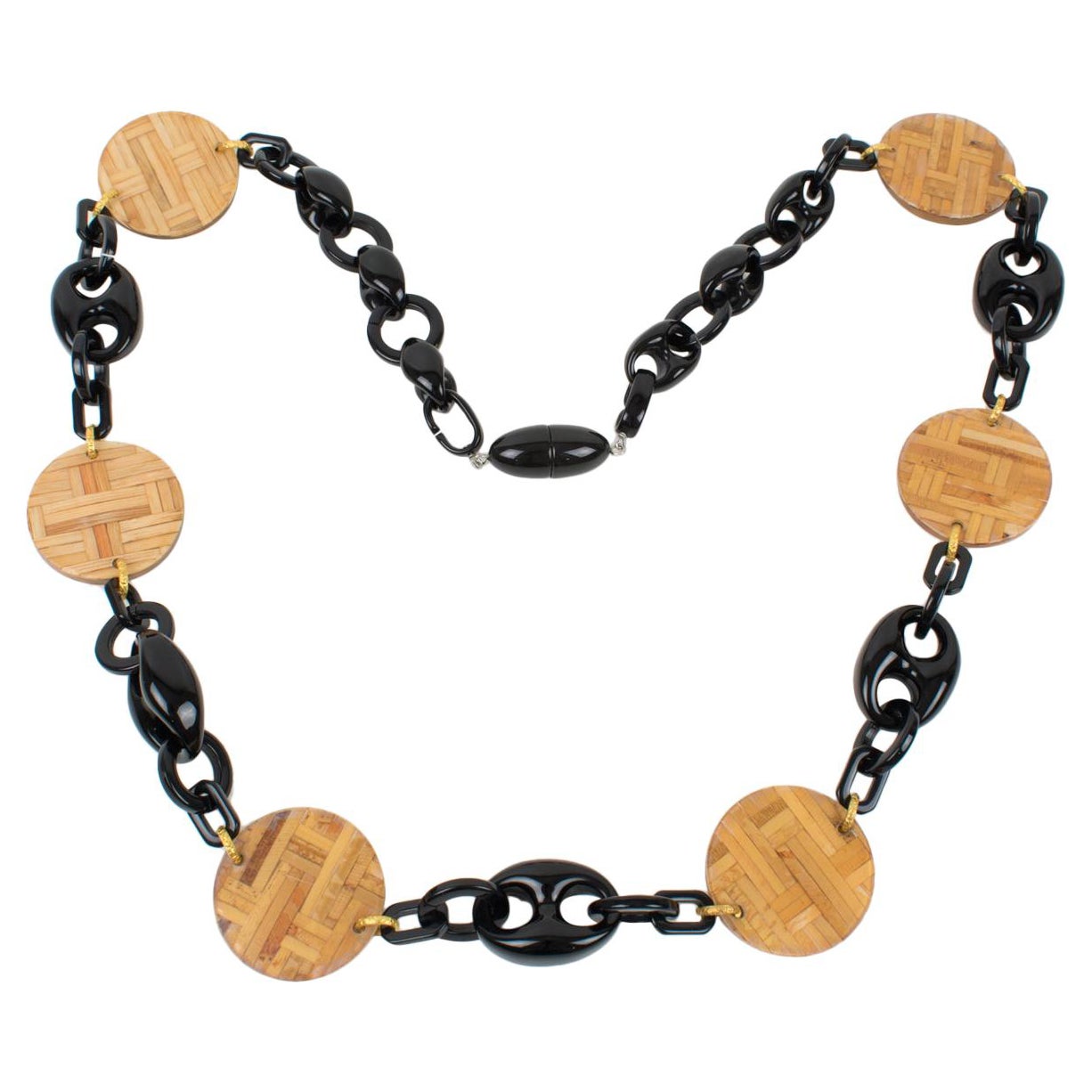 Angela Caputi Black Resin and Wicker Rattan Long Necklace For Sale