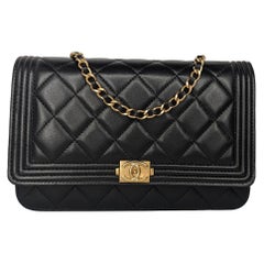 Used Chanel Lambskin Quilted Boy Wallet On Chain WOC Black