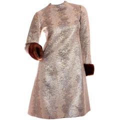 Mod Elinor Simmons Malcolm Starr Metallic Brocade Dress with Fur Cuffs S 1960s