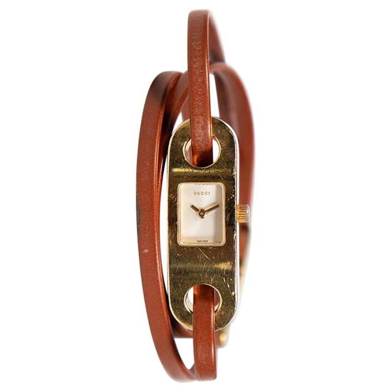 Gucci 6100 Series Brown Leather Wrap Gold Watch For Sale