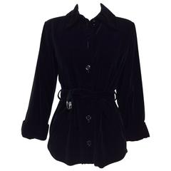 Yves St Laurent black velvet button front belted waist jacket 1970s