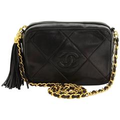 Retro Chanel 7" Black Quilted Leather Fringe Shoulder Pochette Bag