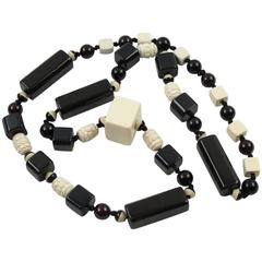 Vintage Bakelite Galalith Necklace Extra Long Shape Black & White Carved Beads