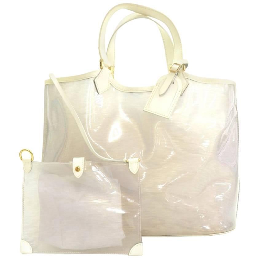 Louis Vuitton Plague Lagoon White Vinyl Beach Tote Hand Bag + Pouch