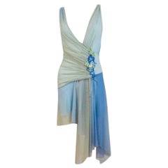 Vintage 2000s Y2K Ema Savahl Blue + Green Mesh Asymmetrical Mini Dress Flowers