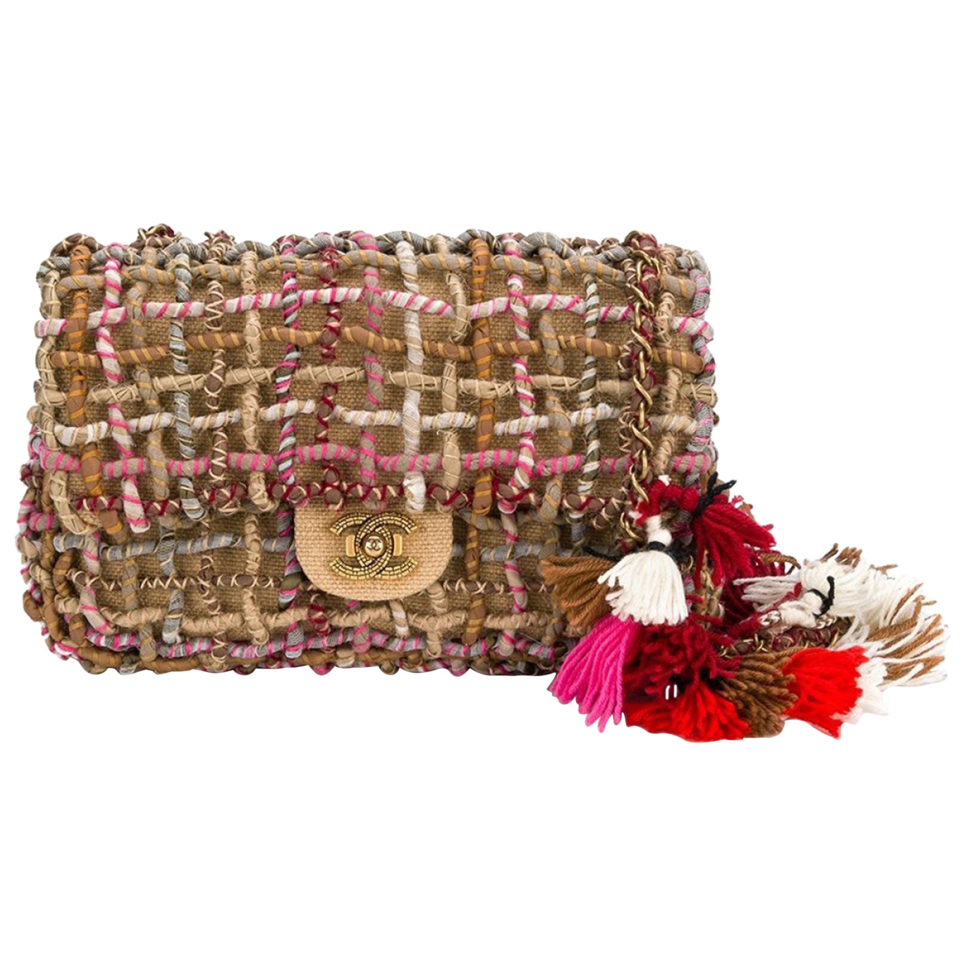 Chanel Limited Edition 2015 Dubai Resort Runway Woven Pom Pom Classic Flap Tasche im Angebot