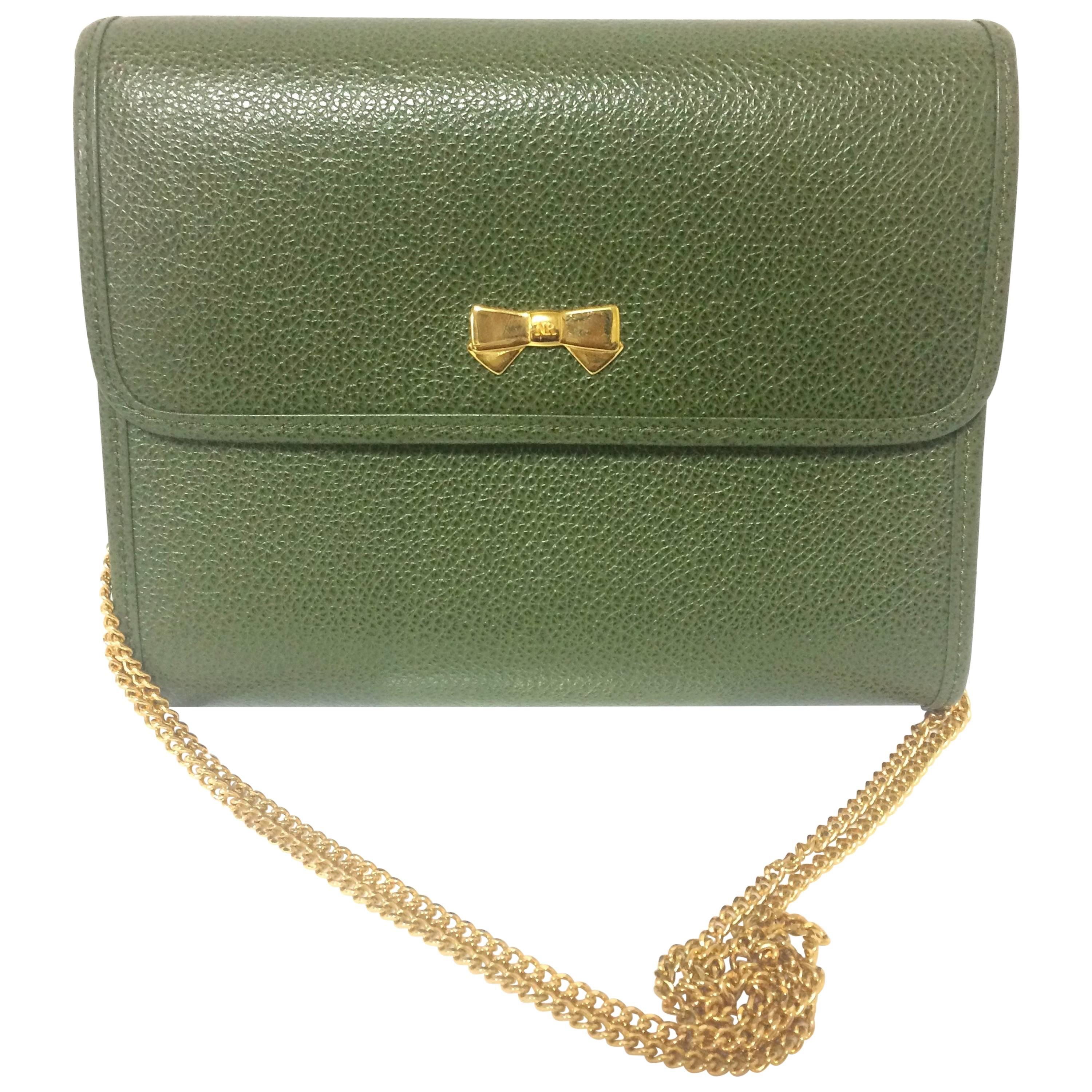 MINT. Vintage Nina Ricci olive green, khaki leather clutch shoulder bag.