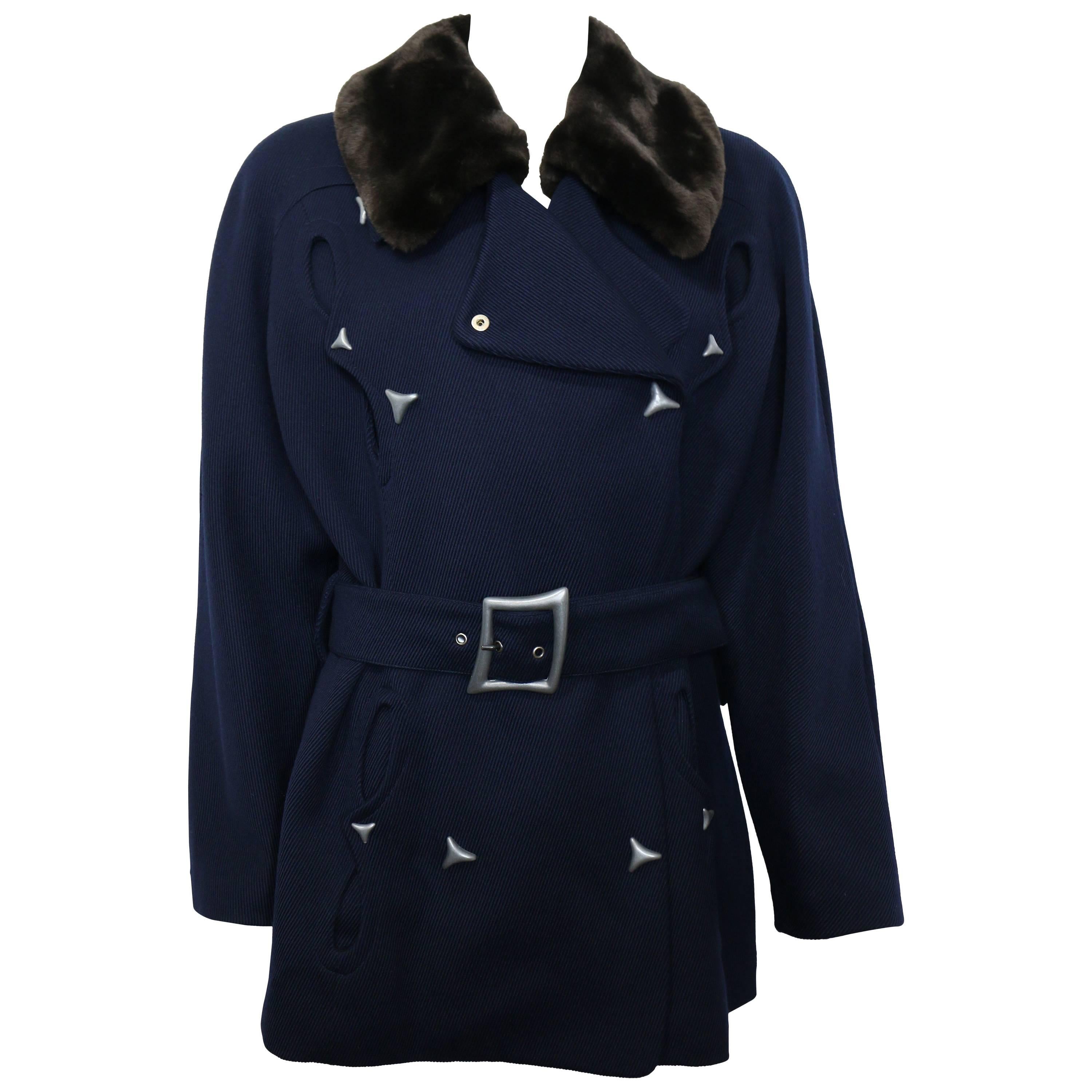 Thierry Mugler Navy Blue Faux Fur Detachable Collar Double Breasted Belted Coat For Sale