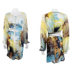 Vintage S/S 2002 Y2K Roberto Cavalli Lion Chiffon Silk Lion Safari Mini Dress