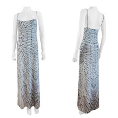 Retro 1999 Roberto Cavalli Bodycon Grey Feather Print Maxi Dress