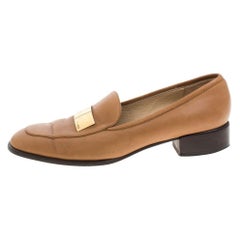 Gucci Brown Leather Gold-Tone Logo Plate Block Heel Loafer Pumps Size 37.5