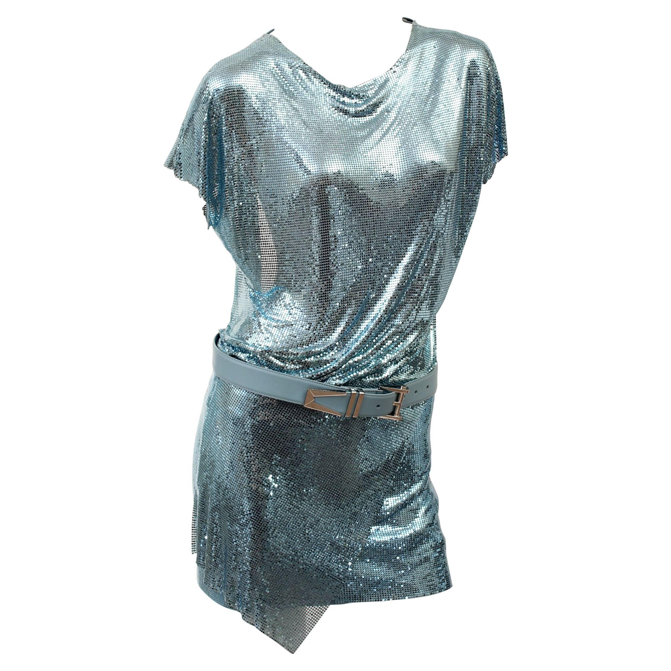 New Versace Blue Metal Mesh Dress with Belt