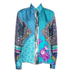 Etro Teal Blue Floral Print Silk Long Sleeve Shirt M