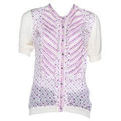 Roberto Cavalli White Floral Print Silk & Knit Embellished Ruffled Top M
