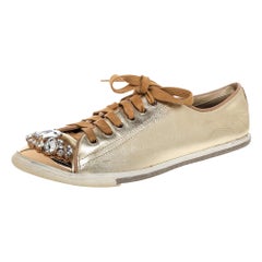 Used Miu Miu Gold Leather Crystal Embellished Cap Toe Sneakers Size 38