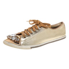 Miu Miu Gold Leather Crystal Embellished Cap Toe Sneakers Size 38