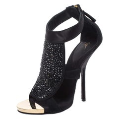 Giuseppe Zanotti Satin & Suede Crystal Embellished Ankle Strap Sandals Size 38