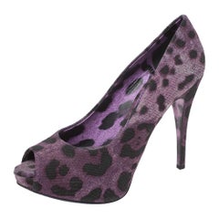 Dolce & Gabbana Purple Leopard Print Denim Peep Toe Platform Pumps Size 36.5