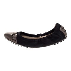 Tod's Black/Grey Leather and Suede Buckle Detail Scrunch Ballet Flats Size 36