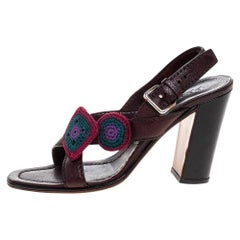 Used Prada Brown Leather Embellished Cross Strap Slingback Sandals Size 38