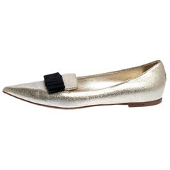 Jimmy Choo Metallic Gold Textured Leather Gala Bow Ballet Flats Size 37.5