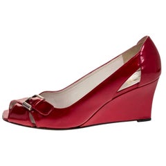 Used Stuart Weitzman Red Patent Leather Buckle Detail Open Toe Wedge Pumps Size 40