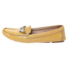 Used Miu Miu Pale Yellow Patent Leather Crystal Embellished Slip On Loafer Size 40.5