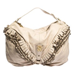 Roberto Cavalli Cream Leather Studded Fringe Hobo