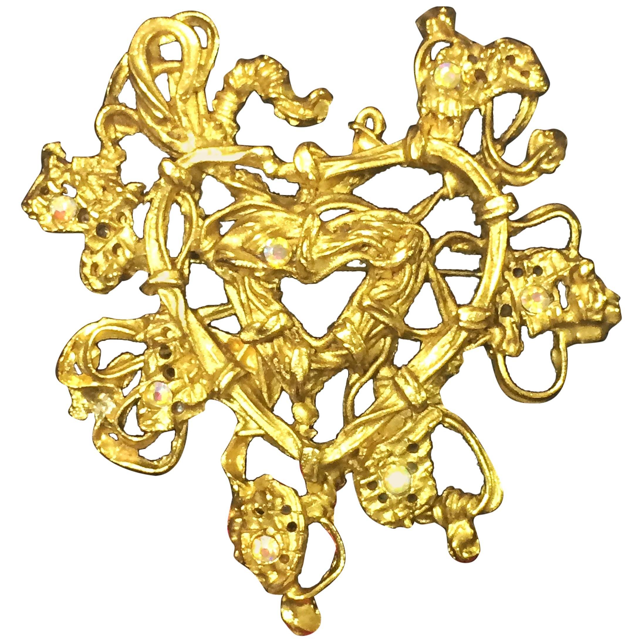 Vintage Christian Lacroix golden edwardian heart and arabesque design brooch For Sale