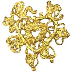 Vintage Christian Lacroix golden edwardian heart and arabesque design brooch