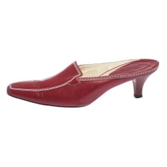 Tod's Red Leather Loafer Slide Kitten Heel Mules Size 37