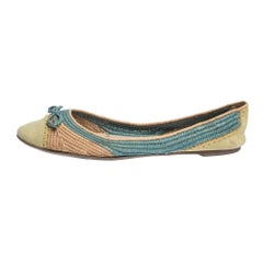 Salvatore Ferragamo Tricolor Raffia & Nubuck Lederschleife Ballettschuhe Größe 38,5