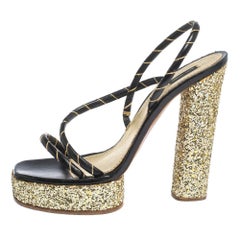 Marc Jacobs Black Leather & Glitter Fabric Slingback Platform Sandals Size 40