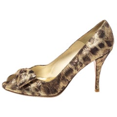 Used Stuart Weitzman Metallic Lamé Fabric Leopard Print Bow Peep Toe Pumps Size 39.5