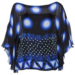 Roberto Cavalli Blue & Black Printed Silk Sheer Blouse S