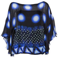 Roberto Cavalli Blaue & schwarze bedruckte durchsichtige Seidenbluse S