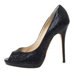 Jimmy Choo Black Lamé Fabric Quiet Peep Toe Platform Pumps Size 39.5