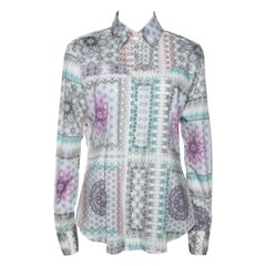 Etro Mehrfarbiges abstrakt bedrucktes Hemd aus Stretch-Baumwoll mit Knopfleiste vorne, L 