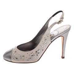 Gina Metallic Satin & Leather Crystal Embellished Slingback Sandals Size 37.5 