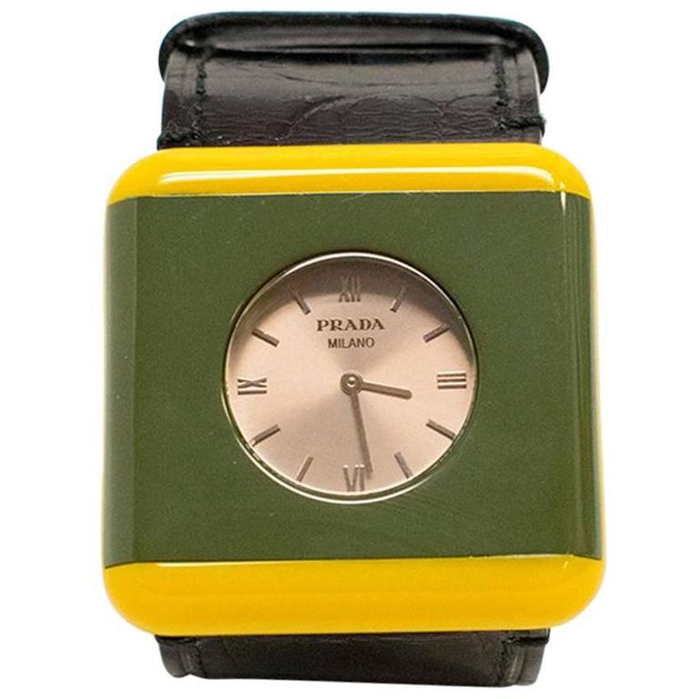 Prada Green and Yellow Watch Bracelet with Black Leather Strap at 1stDibs |  prada watch women's, prada watch, prada wrist watch