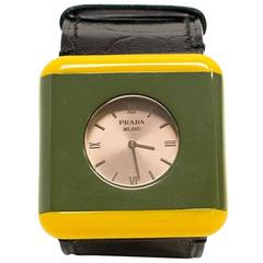 Prada Green & Yellow Watch Bracelet with Black Leather Strap