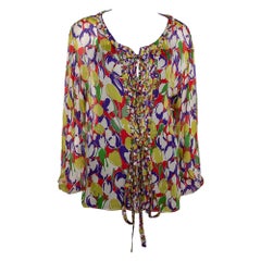 Roberto Cavalli Multicolor Tulip Print Silk Sheer Blouse M