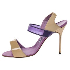 Manolo Blahnik Purple/Beige Patent Leather and PVC Slingback Sandals Size 38.5
