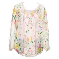 Roberto Cavalli Cremefarbenes durchsichtiges Kaftan-Top aus Seide mit Blumendruck M