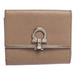 Salvatore Ferragamo Beige Leather Gancini Clip Compact Wallet