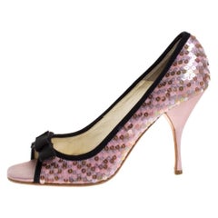 Used Prada Pink Satin Sequin Embellished Bow Detail Peep Toe Pumps Size 38.5