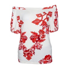 Roberto Cavalli White and Red Floral Print Off Shoulder Top L