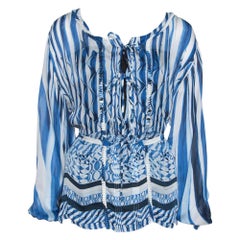 Roberto Cavalli Blue and White Deco Print Silk Tie Up Blouse M