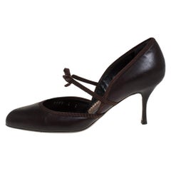 Salvatore Ferragamo Brown Leather & Grosgrain Trim Bow Round Toe Pumps Size 36.5